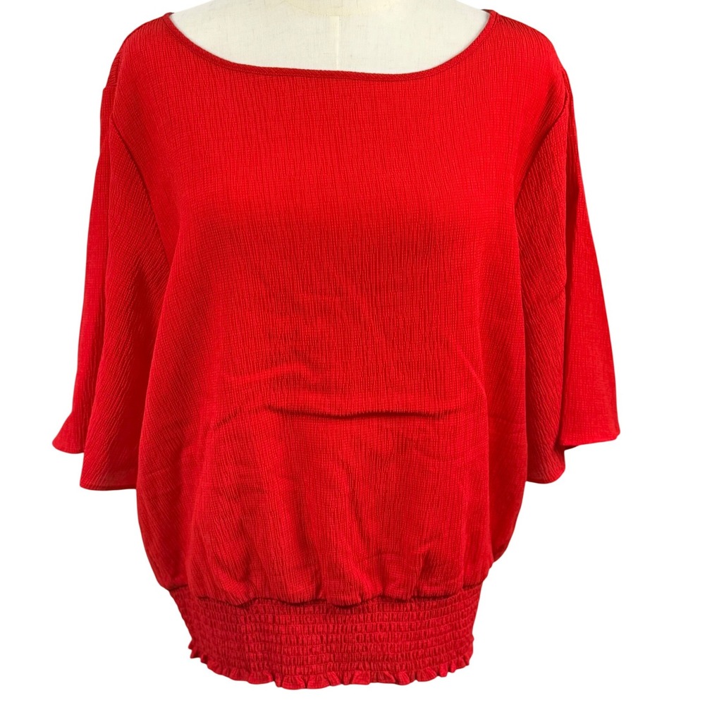 Michael Kors Large Red Textured Smocked Hem Blouson Top Designer Officewear Chic